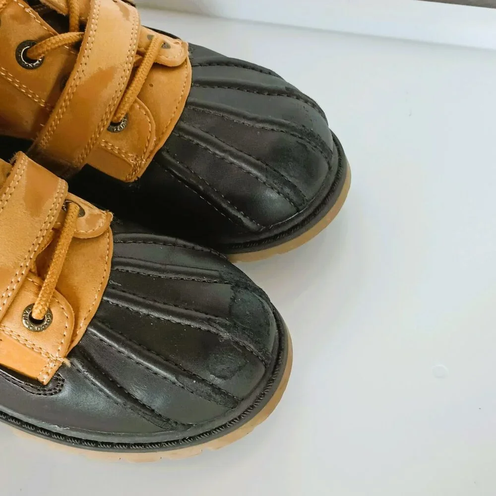 Lugz Avalanche Strap Ankle Boots 12 Kids Tan Black Faux Leather Buckle Lace Up